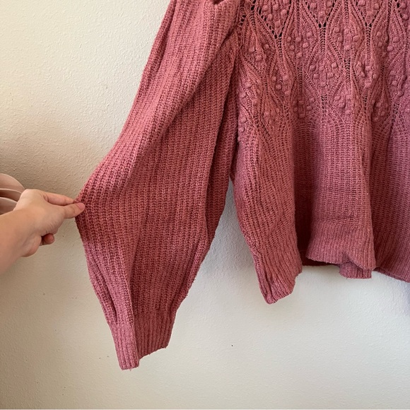 Free People Balloon Sleeve Textured Berry Pink Sweater - Picture 4 of 5